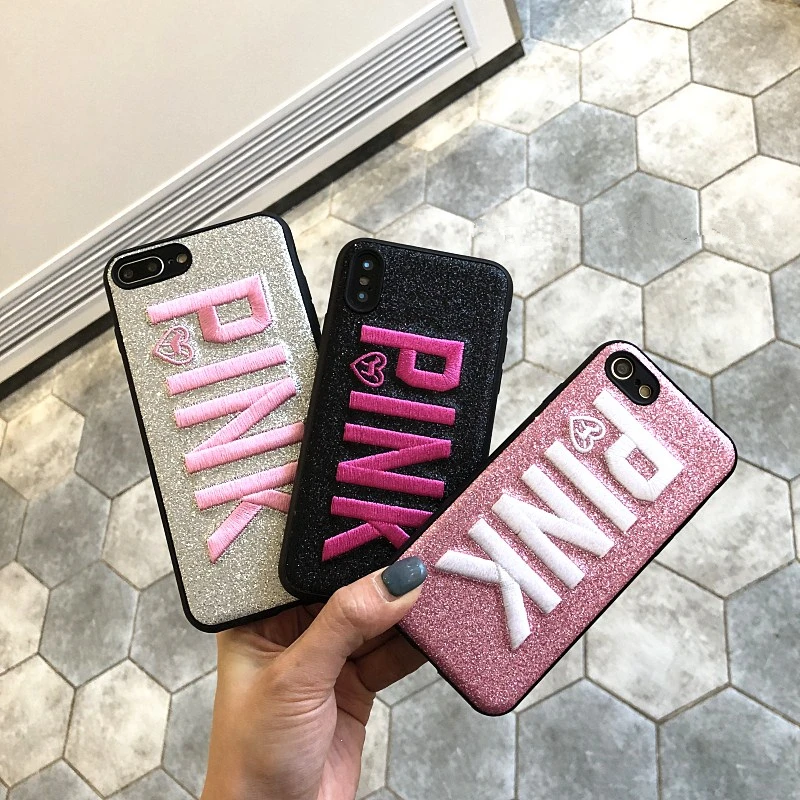 Cute 3D embroidery PINK pink glitter bling soft case for